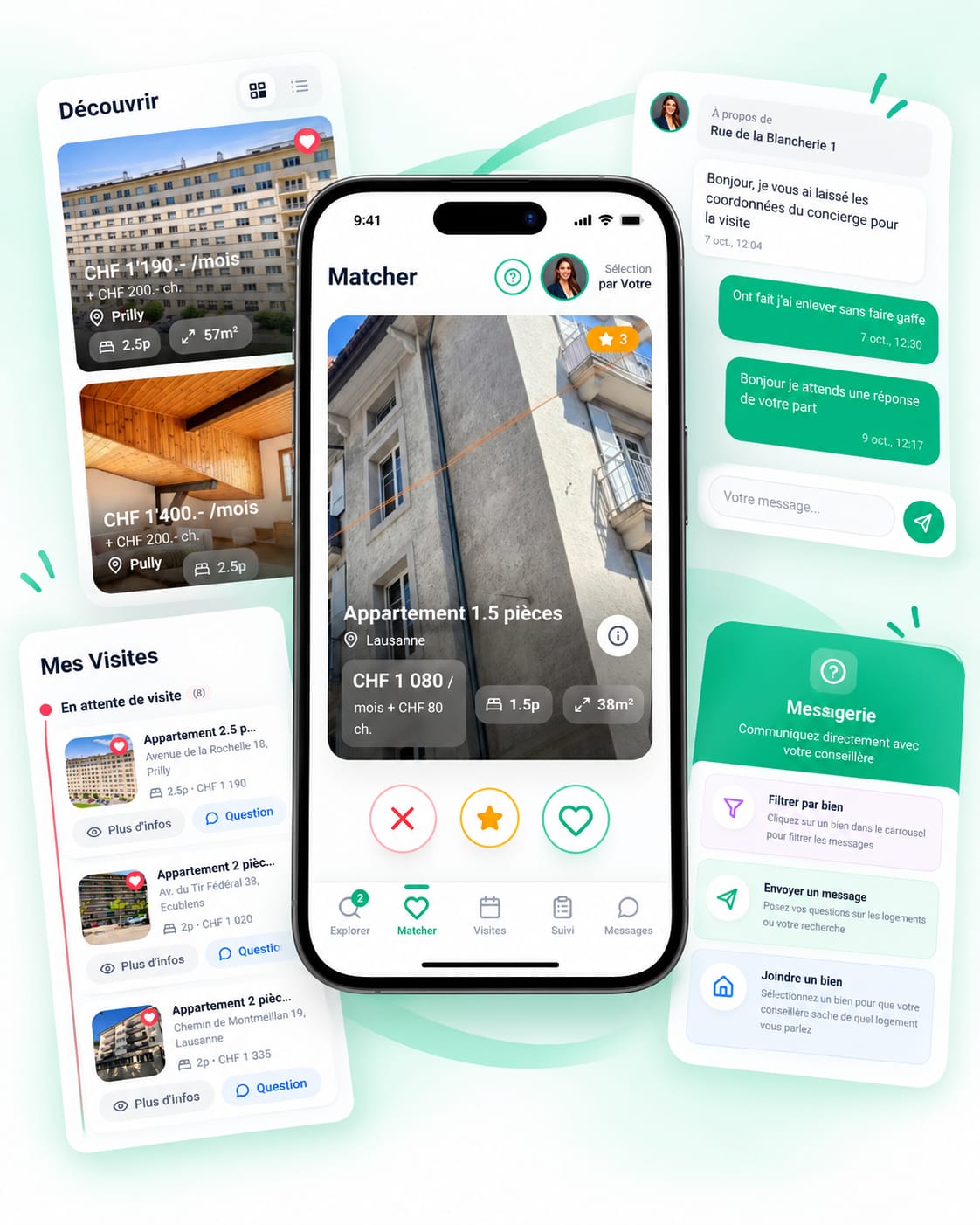 Interface de l’application de recherche de logement : biens proposés, visites et messagerie avec le conseiller